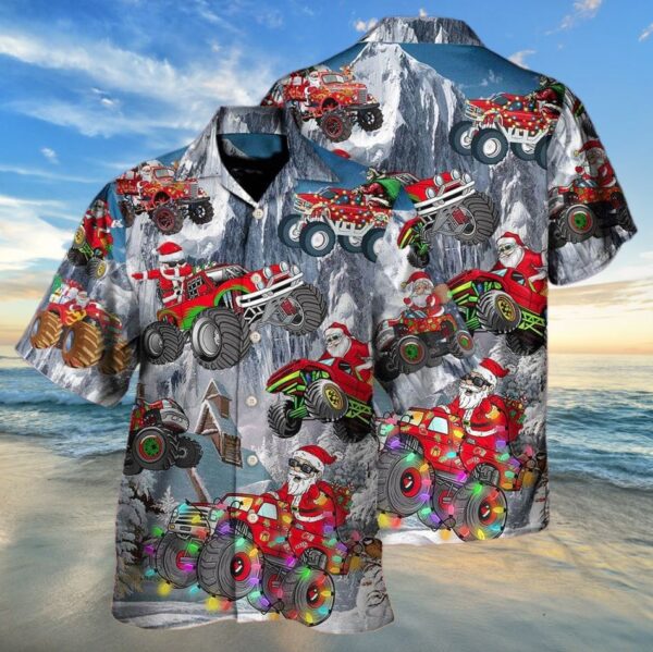 Christmas Santa Claus Riding Red Truck Snow Mountain Art Hawaiian Shirt