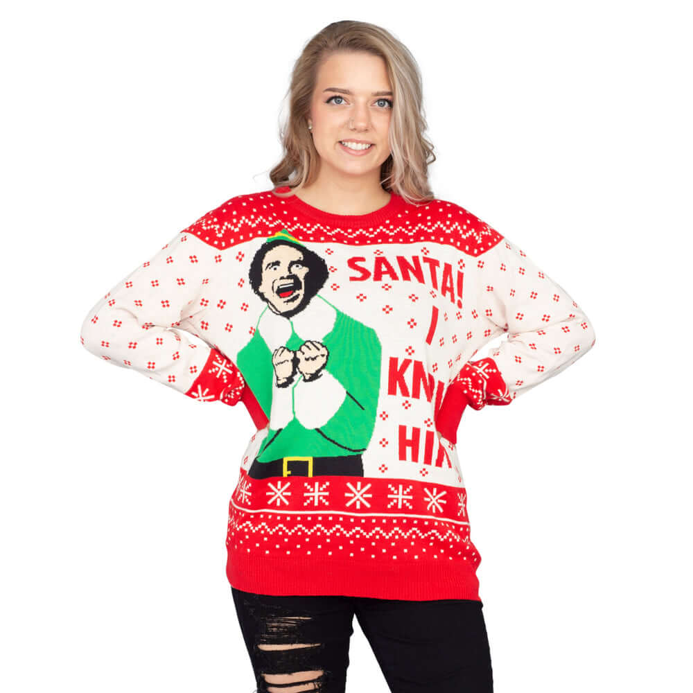 Elf Buddy Santa I Know Him Pattern Ugly Christmas Sweater for Mens, Womens