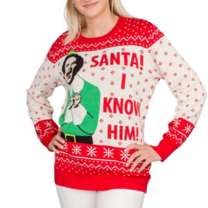 Elf Buddy Santa I Know Him Pattern Ugly Christmas Sweater for Mens, Womens