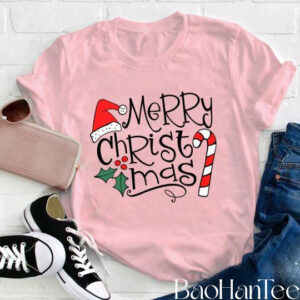 Festive Merry Christmas T-Shirt with Candy Cane and Santa Hat - BaoHanTee