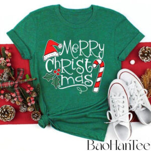 Festive Merry Christmas T-Shirt with Candy Cane and Santa Hat - BaoHanTee