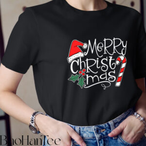 Festive Merry Christmas T-Shirt with Candy Cane and Santa Hat - BaoHanTee