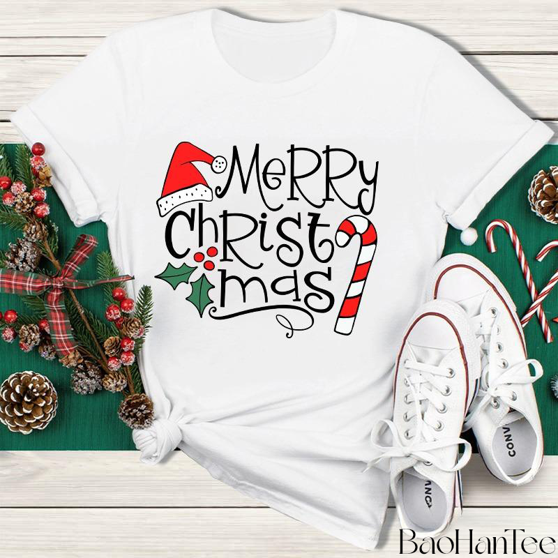 Festive Merry Christmas T-Shirt with Candy Cane and Santa Hat - BaoHanTee