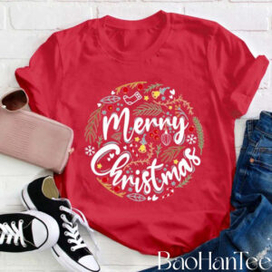 Ho Ho Merry Christmas T-Shirt – Holiday Wreath and Ornament Design by BaoHanTee