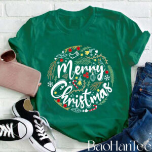 Ho Ho Merry Christmas T-Shirt – Holiday Wreath and Ornament Design by BaoHanTee