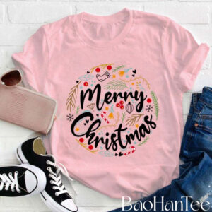 Ho Ho Merry Christmas T-Shirt – Holiday Wreath and Ornament Design by BaoHanTee