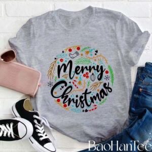 Ho Ho Merry Christmas T-Shirt – Holiday Wreath and Ornament Design by BaoHanTee