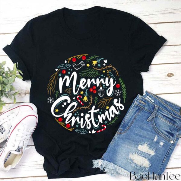 Ho Ho Merry Christmas T-Shirt – Holiday Wreath and Ornament Design by BaoHanTee