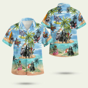 Cartoon Darth Vader, Boba Fett, and Stormtroopers on tropical beach Hawaiian shirt