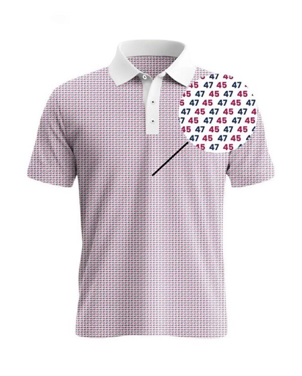 Men's white golf polo shirt with all-over 45 47 pattern – Trump 2025 patriotic design