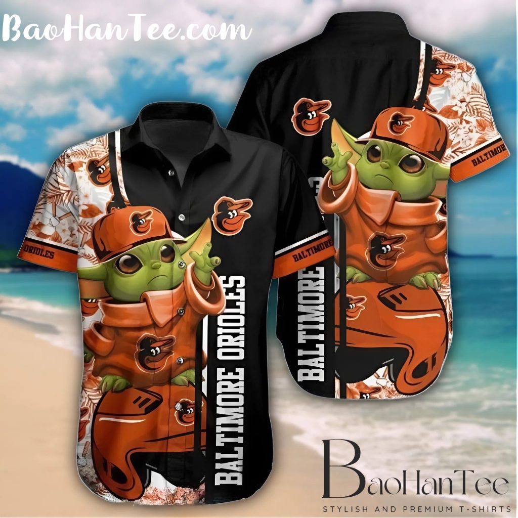 Baby Yoda And Tropical Flowers Baltimore Orioles Hawaiian Shirt