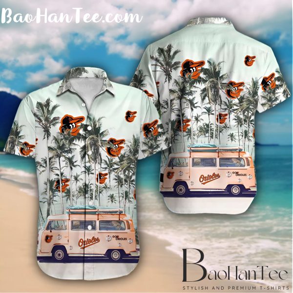 Baltimore Orioles Hawaiian shirt featuring tropical palm trees, vintage van, and Orioles logo – perfect for baseball fans and summer outfits.