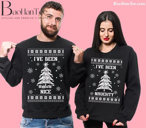 Couple wearing matching Christmas sweaters with 'I've Been Nice' and 'I've Been Naughty' designs