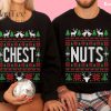 Couple wearing matching Christmas sweaters with 'Chest' and 'Nuts' designs