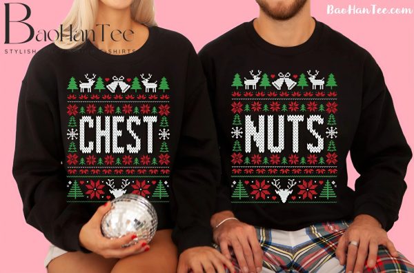 Couple wearing matching Christmas sweaters with 'Chest' and 'Nuts' designs