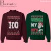 Red and green Christmas sweaters with 'Ho' and 'Where My Ho's At?' designs