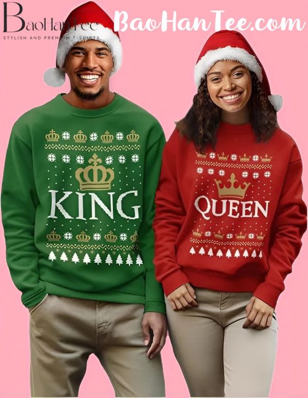 Couple wearing King and Queen Christmas sweaters with crowns