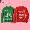 Green and red sweaters for couples with 'I'm on the Nice List' and 'I'm on the Naughty List' designs