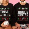 Matching Christmas sweaters with 'Tinsel Tits' and 'Jingle Balls' designs