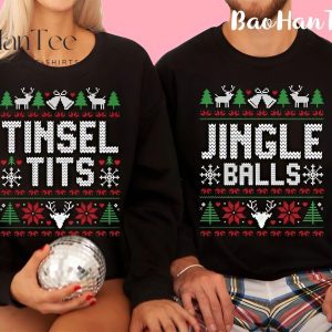 Matching Christmas sweaters with 'Tinsel Tits' and 'Jingle Balls' designs