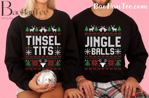 Matching Christmas sweaters with 'Tinsel Tits' and 'Jingle Balls' designs