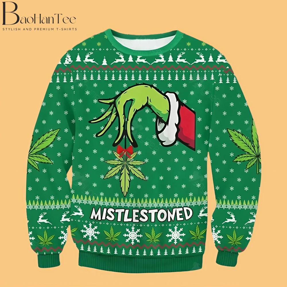  For those who enjoy a bit of adult humor, the “Mistle-stoned” sweater is sure to get a few laughs. This green sweater features the Grinch holding mistletoe, along with cannabis leaves as part of the holiday motif.