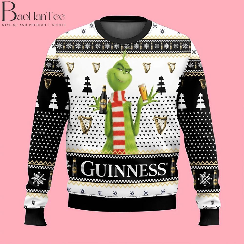 For fans of both the Grinch and Guinness, this sweater is the ultimate holiday crossover. The Grinch is seen holding a bottle of Guinness and a pint, making this a humorous nod to the holiday cheer that comes with a good drink.