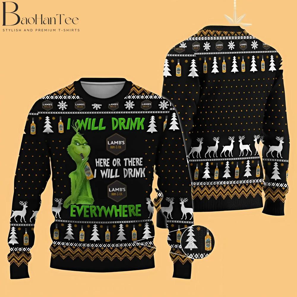 Featuring the Grinch holding a bottle of Lamb’s Rum, this sweater displays the humorous phrase, “I will drink here or there, I will drink everywhere.” It’s perfect for anyone who enjoys a little humor with their holiday spirit.