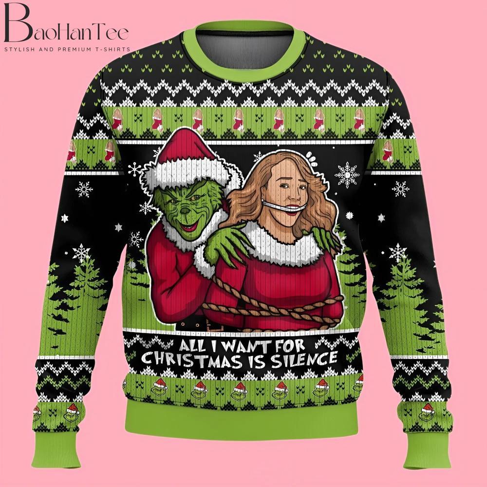 A cheeky take on holiday wishes, this sweater features the Grinch with a gagged character, underlined by the phrase “All I want for Christmas is silence.” It’s darkly humorous and perfect for anyone who enjoys unconventional holiday humor.