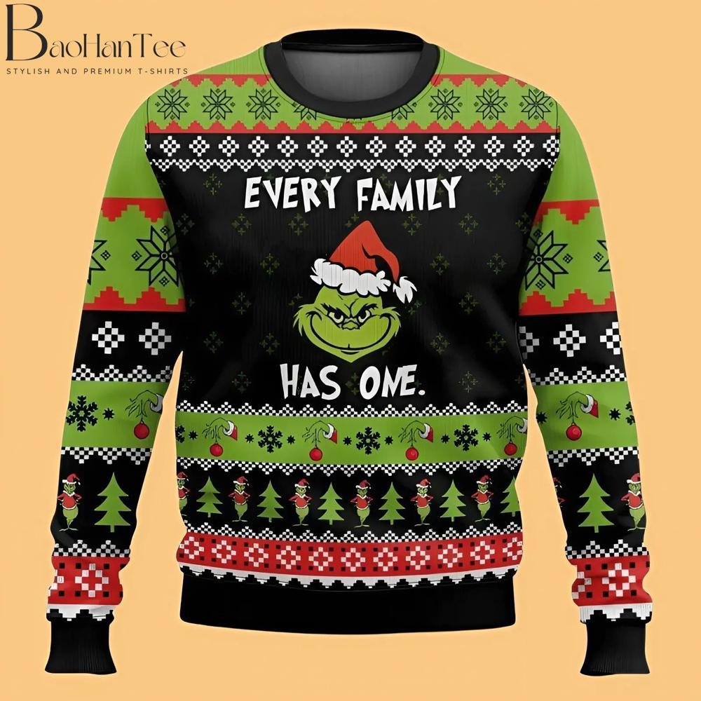 A relatable design, this sweater features the Grinch with the phrase “Every family has one,” acknowledging the one “Grinch” in every family. It’s a humorous nod to those who may not be the biggest fans of Christmas cheer.