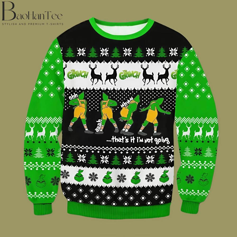 Featuring the Grinch dancing with the phrase “That’s it, I’m not going,” this sweater captures his reluctant attitude toward the holidays in a fun, animated design. Each pose represents a different step, adding humor to the holiday look.