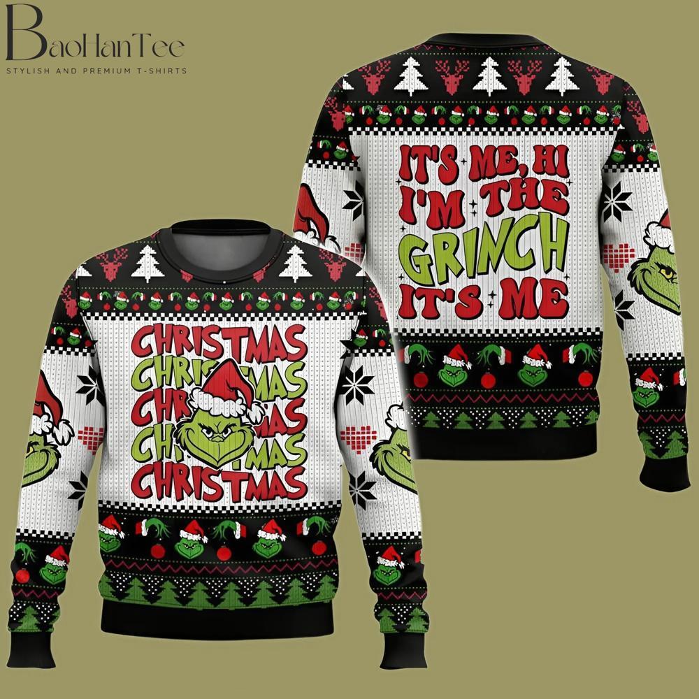 A clever play on the popular lyric “It’s me, hi, I’m the problem, it’s me,” this sweater reimagines it with a Grinch twist. “It’s me, hi, I’m the Grinch, it’s me” is displayed prominently, with images of the Grinch and festive Christmas patterns.