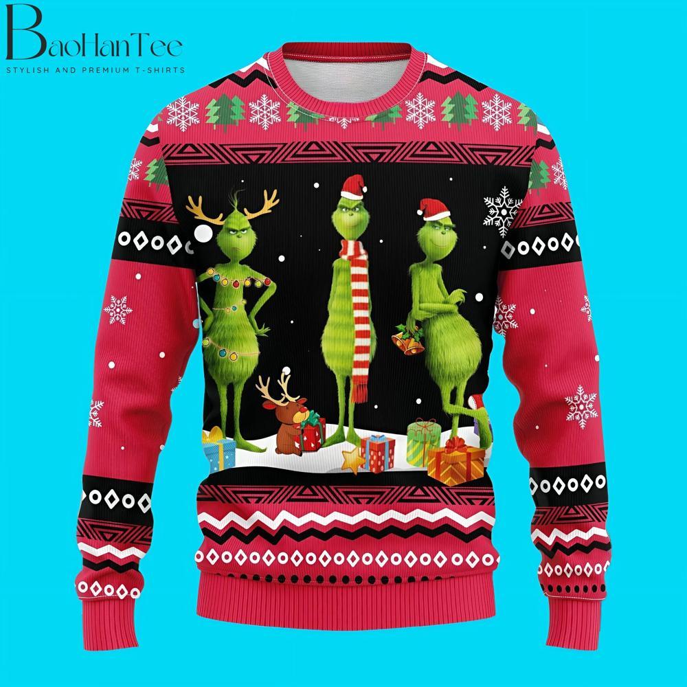 This quirky sweater features three Grinches, each with a different holiday accessory—reindeer antlers, a Santa hat, and a scarf. It’s a fun, playful design that showcases the Grinch’s many holiday moods.