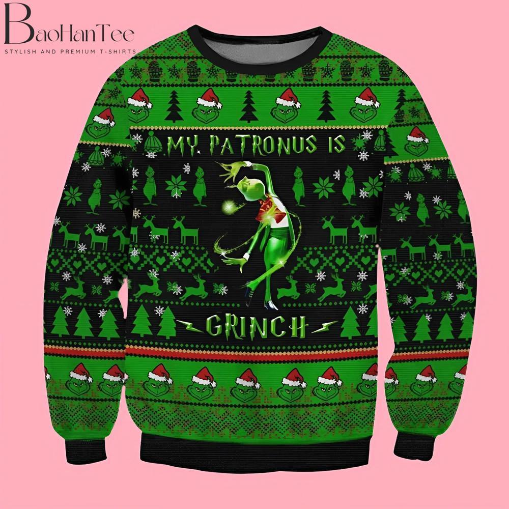 For the Harry Potter fans, this sweater combines the Grinch with the magical concept of a Patronus. The phrase “My Patronus is Grinch” is displayed across the chest, surrounded by holiday icons and a cartoonish image of the Grinch casting a “spell.”