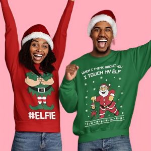 I Touch My Elf Elfie Ugly Christmas Sweater - Funny Couples Tacky Christmas Sweater