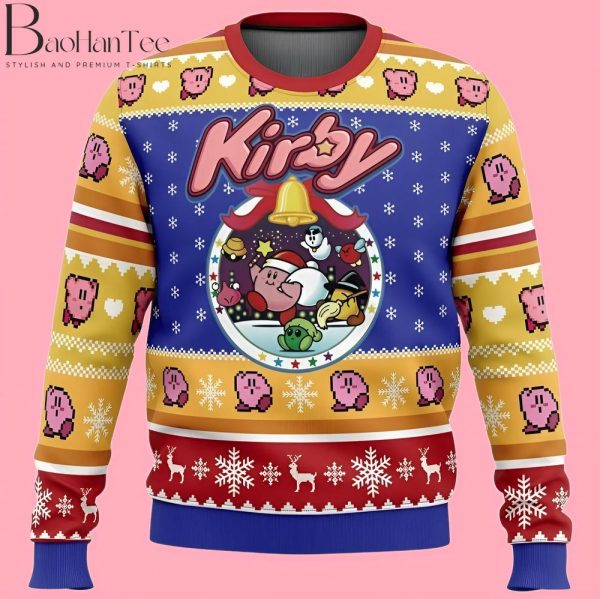 Pink Puff Kirby Ugly Christmas Sweater with Festive Patterns and Retro Design