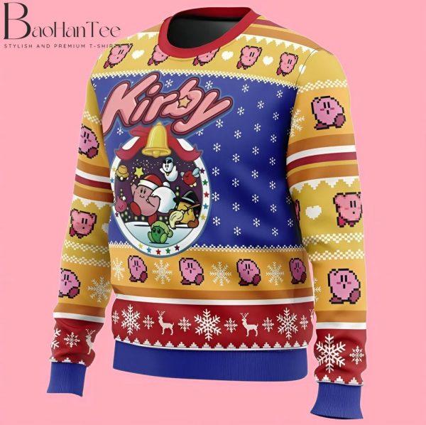 Pink Puff Kirby Ugly Christmas Sweater with Festive Patterns and Retro Design