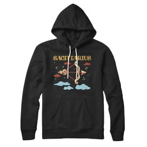 Sagittarius zodiac hoodie in black with celestial design.