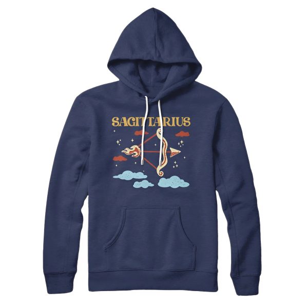 Sagittarius zodiac hoodie in navy blue with celestial design.