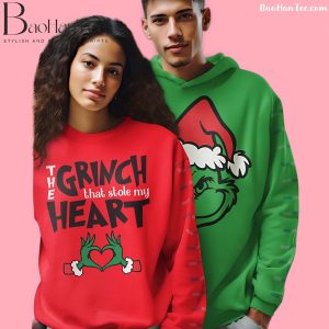 The Grinch That Stole My Heart red and green couple's Christmas shirts