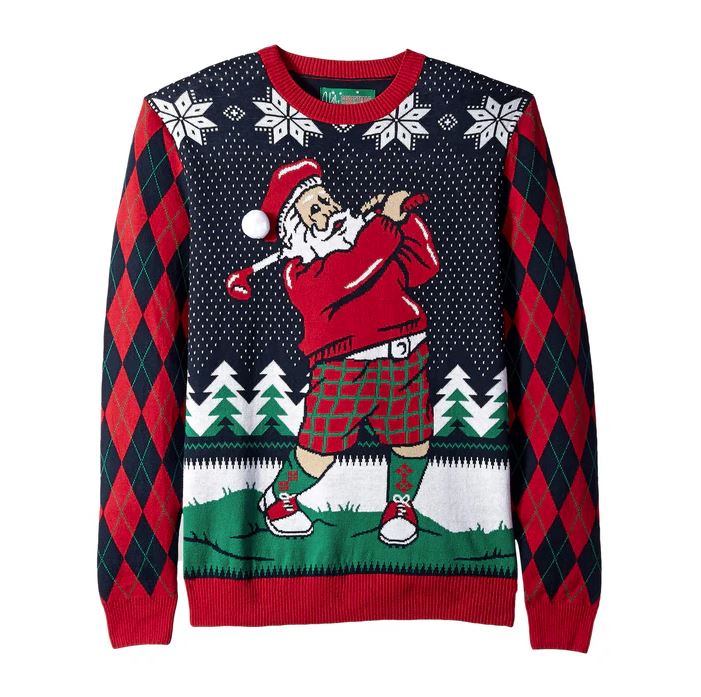 Ugly Christmas Men's Golfing Santa 3D Pop Out Hat Sweatshirt